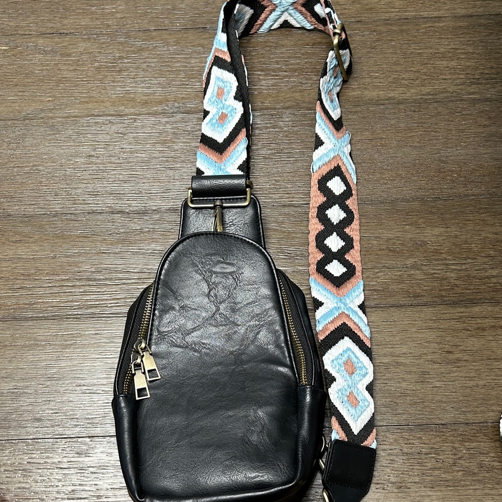 Leather Crossbody Sling Bag with Patterned Strap - Black